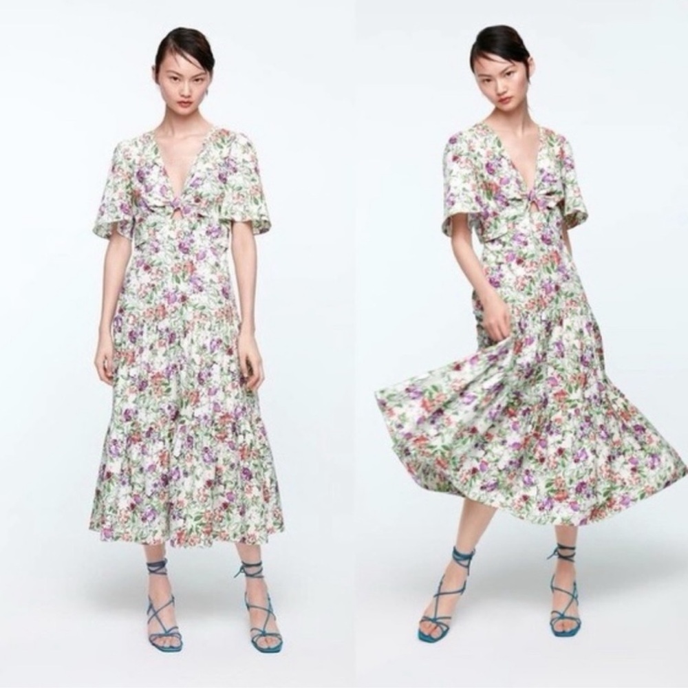 Zara  Floral Cutout Midi Dress, Size XS